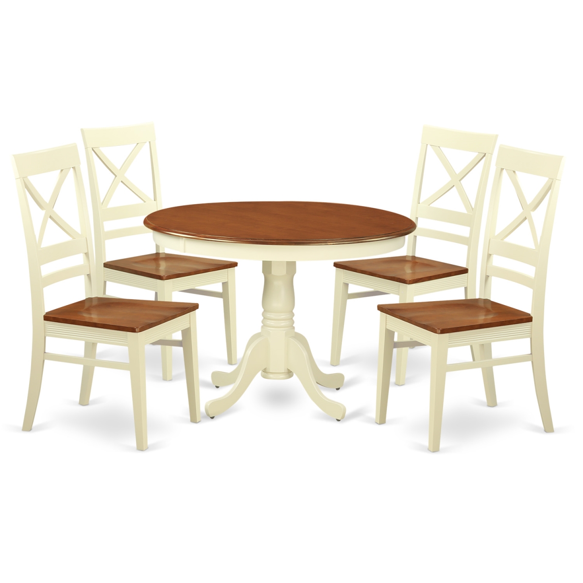 Picture of East West Furniture HLQU5-BMK-W Wood Seat Dining Set - One Round Table & Four Chairs with Buttermilk & Cherry - 5 Piece - 42 in.