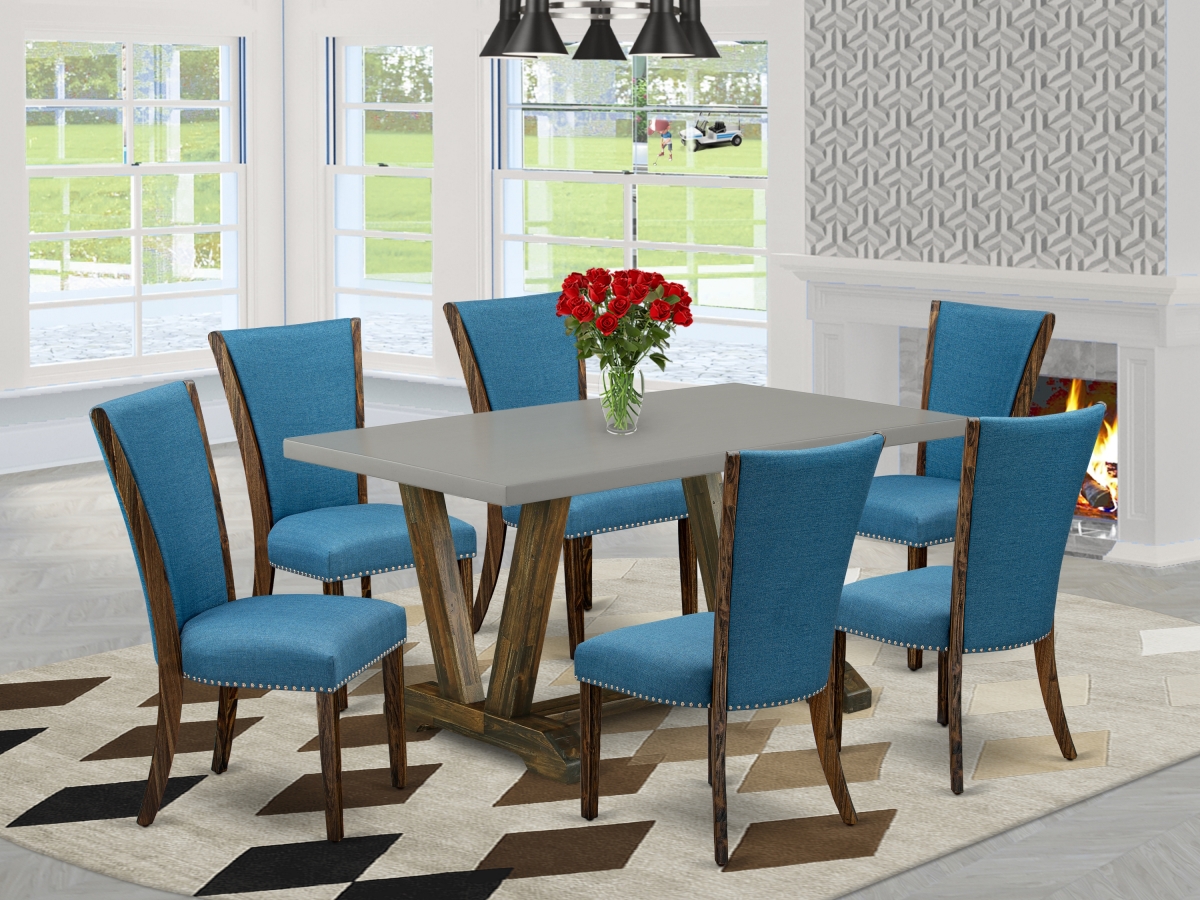 7 Piece V-Style Dining Room Table Set - Distressed Jacobean, Cement & Blue