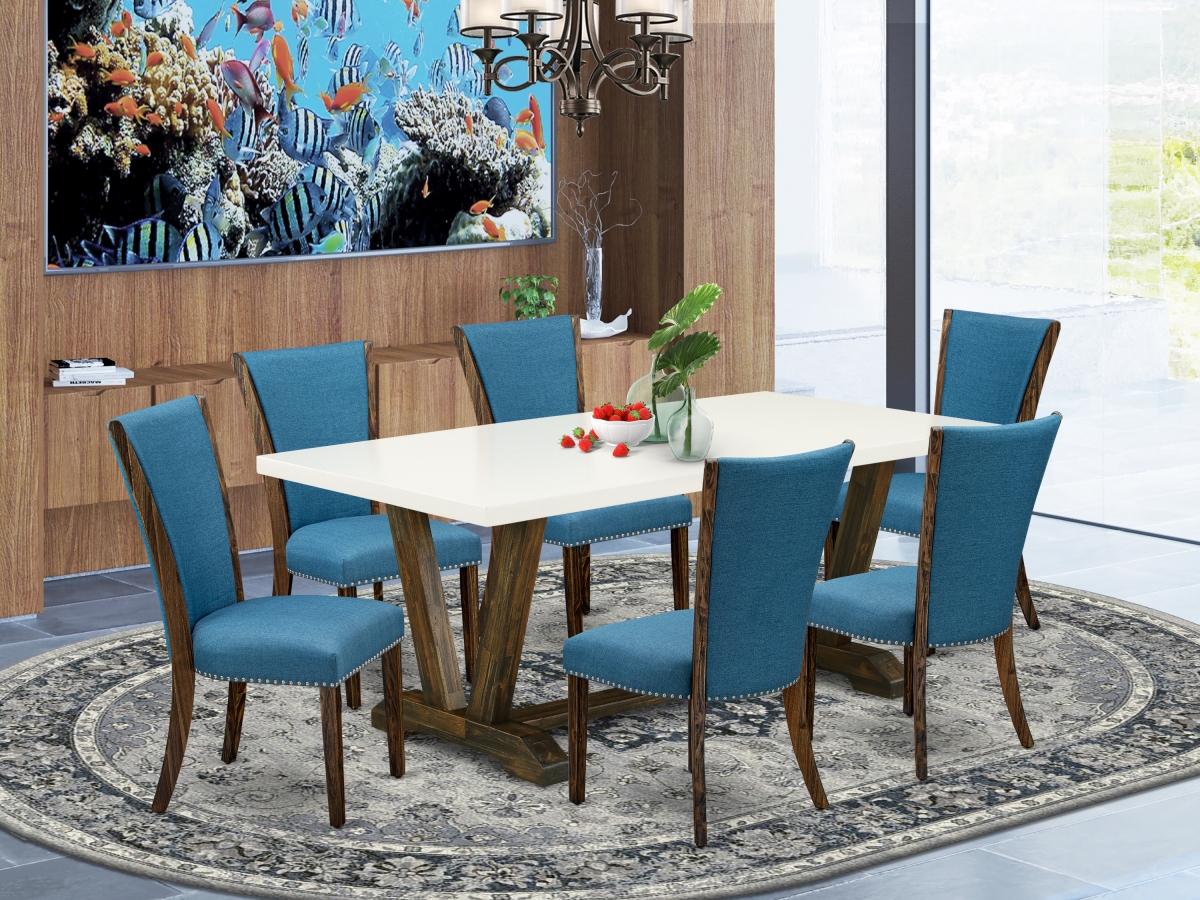 7 Piece V-Style Dining Table Set - Distressed Jacobean, Linen White & Blue