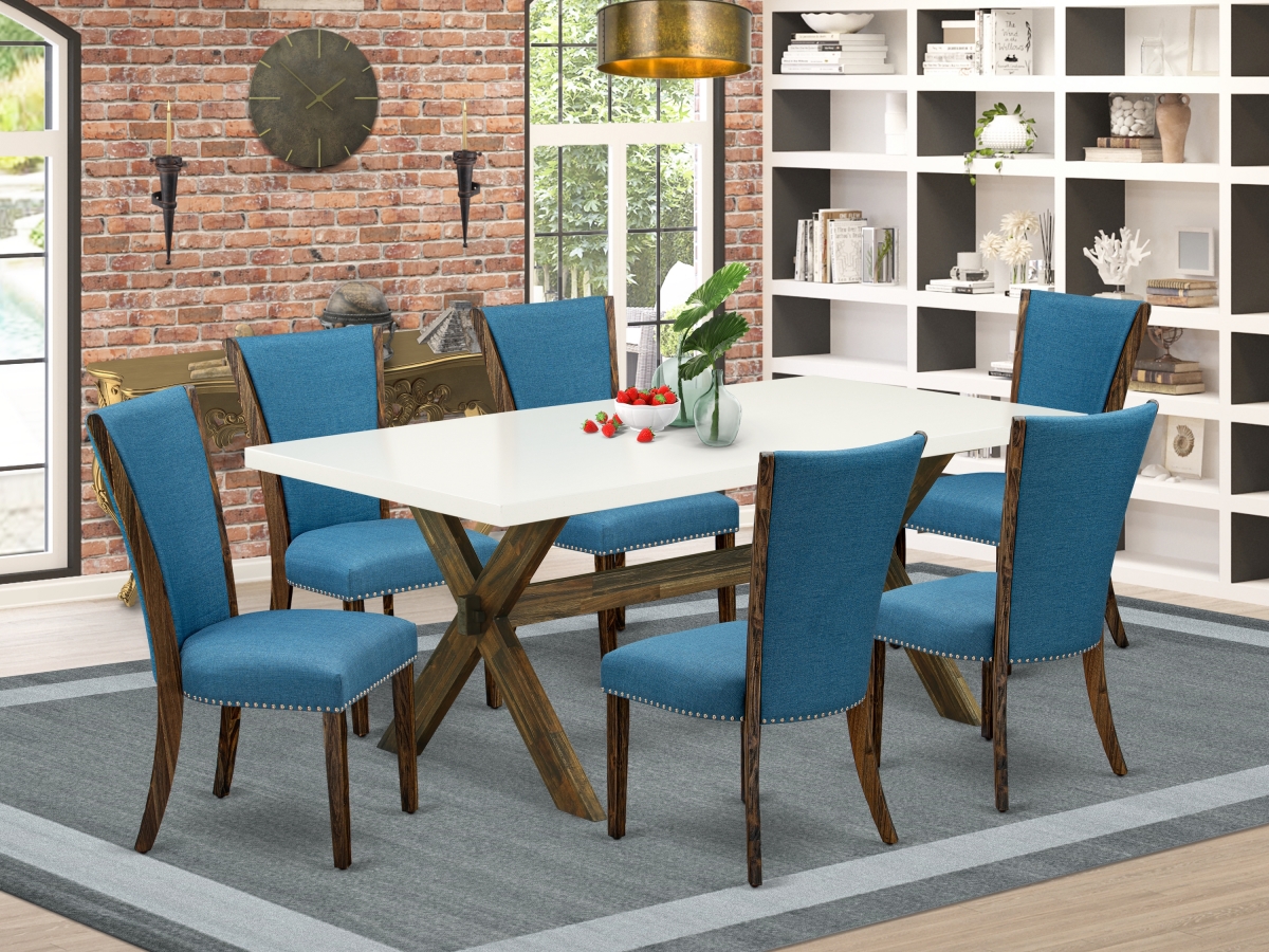 7 Piece X-Style Modern Dining Table Set - Distressed Jacobean, Linen White & Blue
