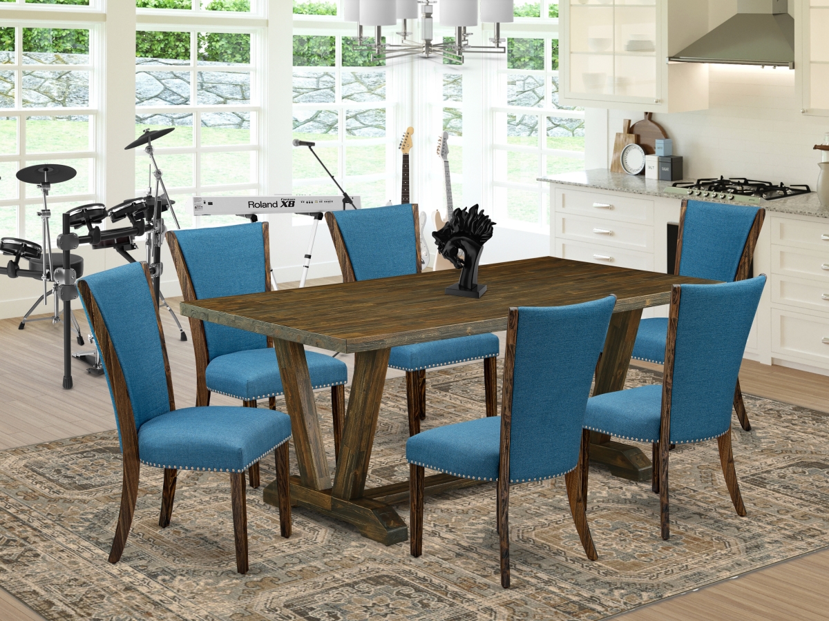7 Piece V-Style Dining Table Set - Distressed Jacobean & Blue