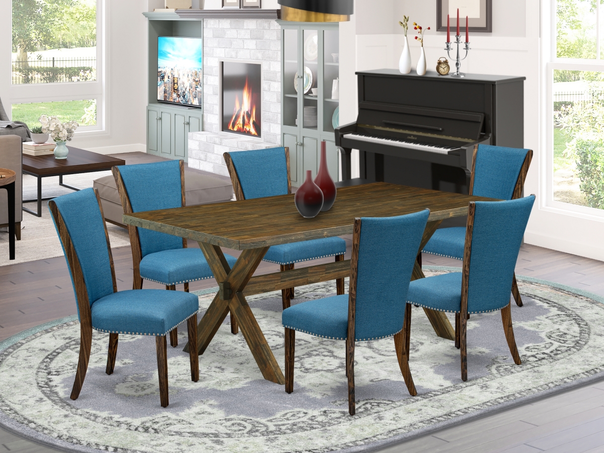 7 Piece X-Style Dining Table Set - Distressed Jacobean & Blue
