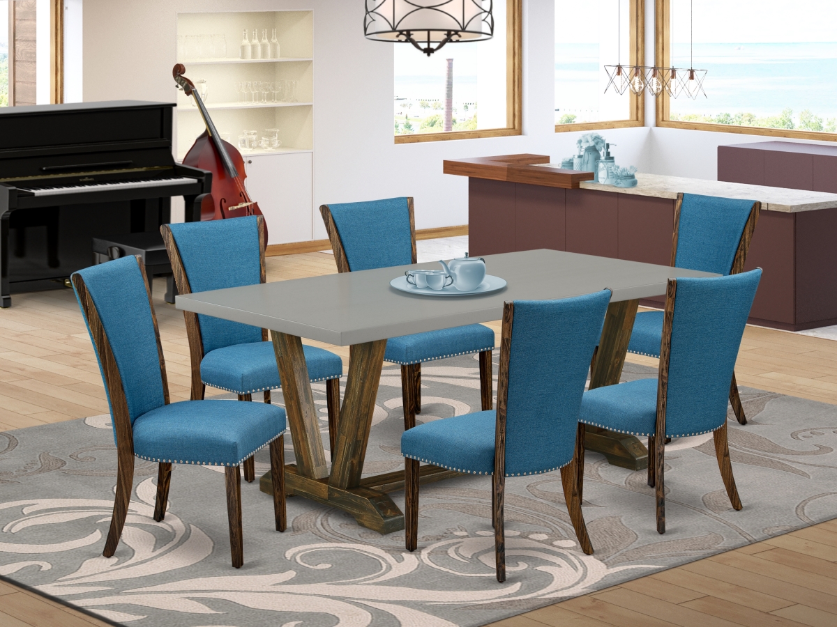 7 Piece V-Style Dining Table Set - Distressed Jacobean, Cement & Blue