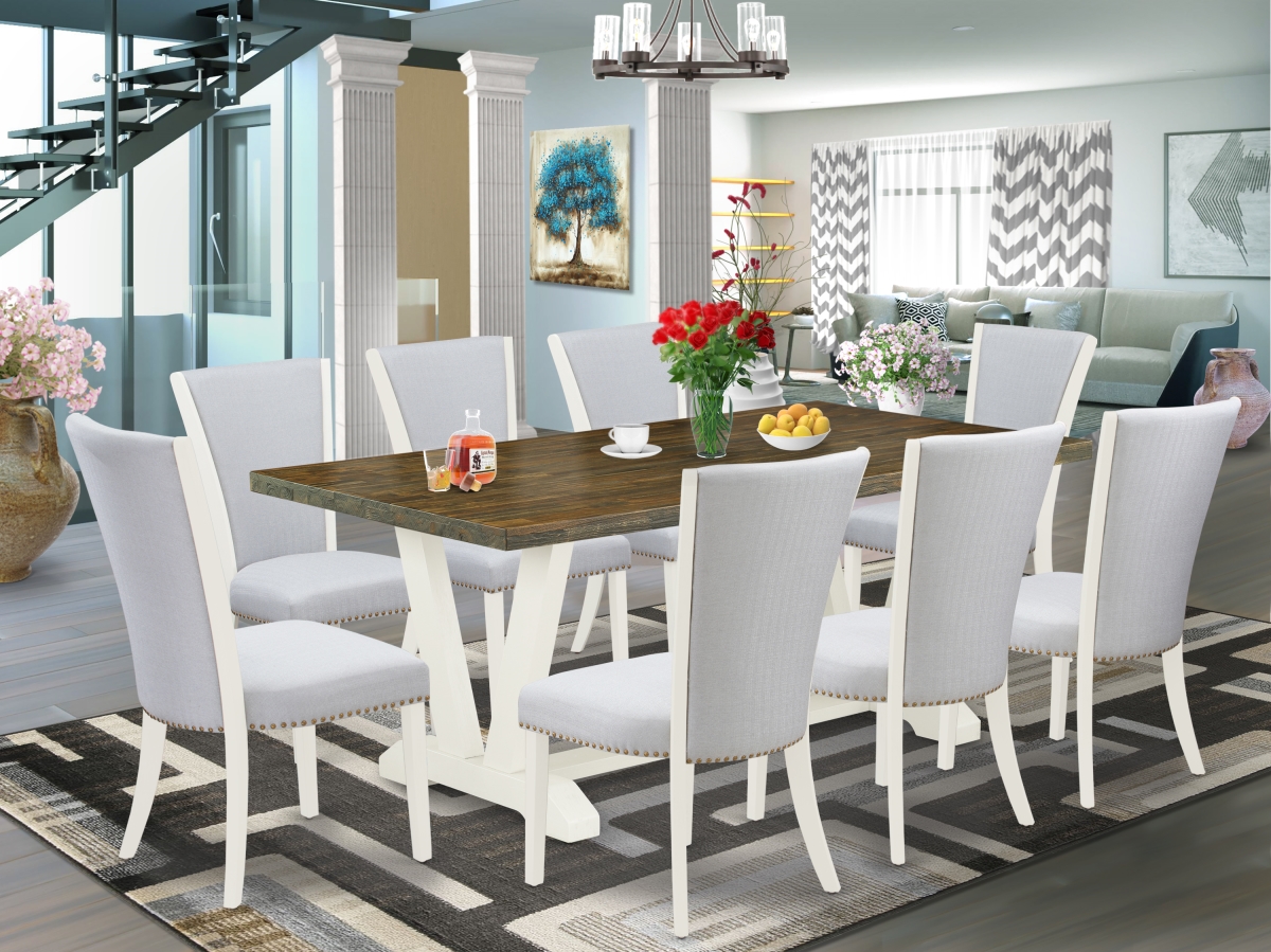9 Piece V-Style Dining Room Table Set - Linen White