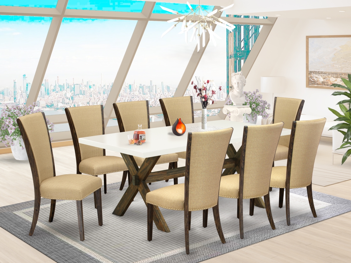 9 Piece X-Style Kitchen Furniture Set - Distressed Jacobean, Linen White & Brown