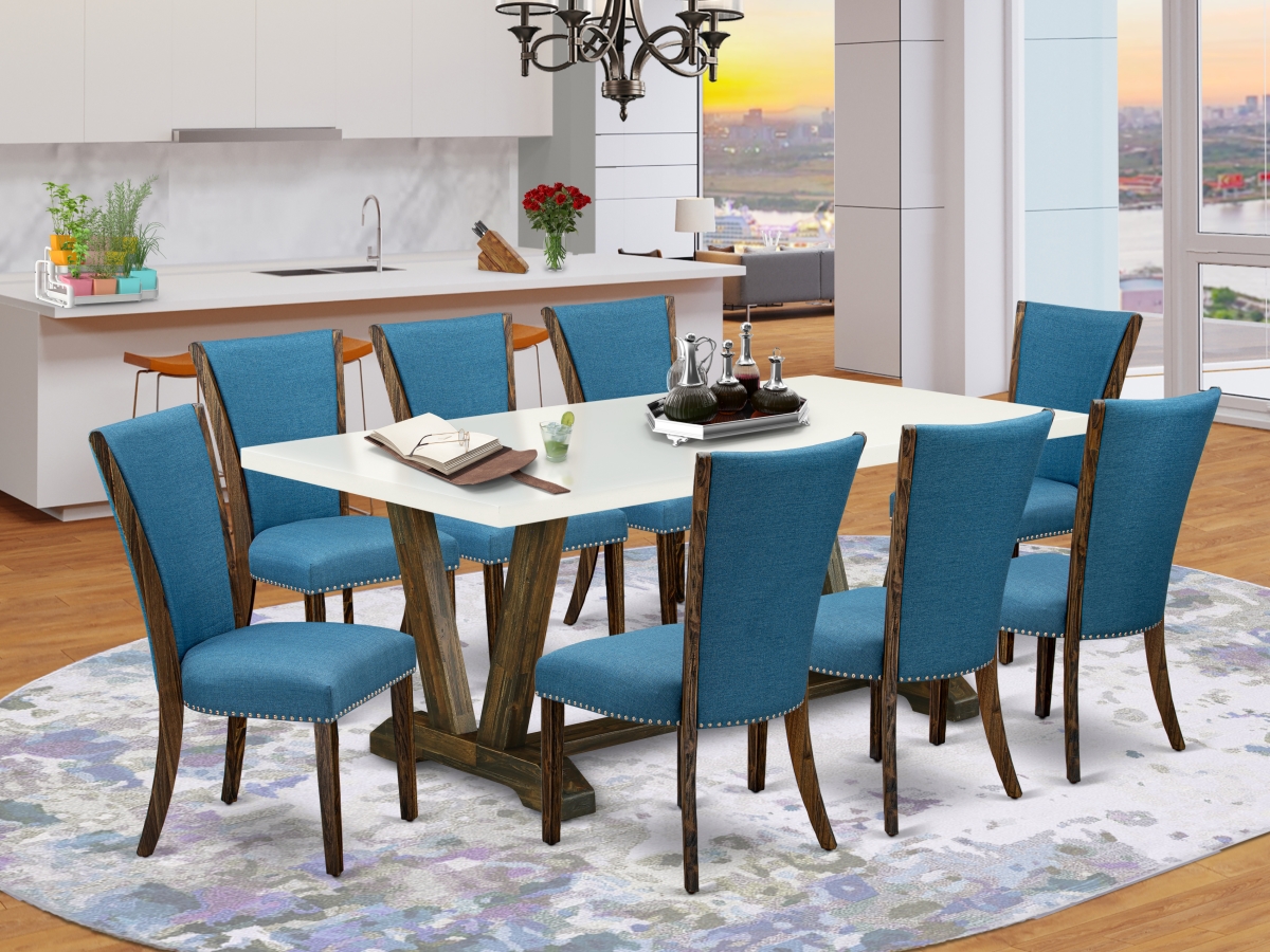 9 Piece V-Style Wood Dining Table Set - Distressed Jacobean, Linen White & Blue