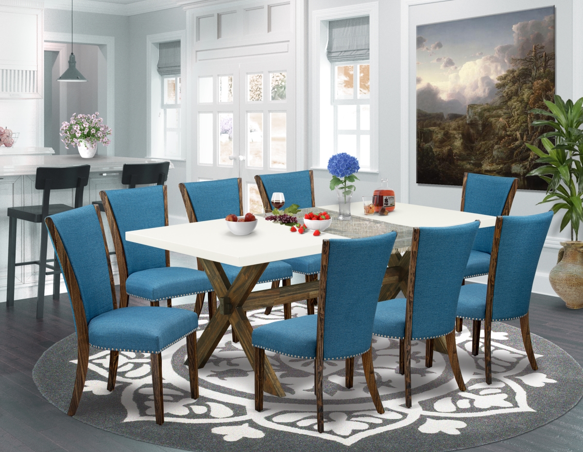 9 Piece X-Style Dining Set - Distressed Jacobean, Linen White & Blue