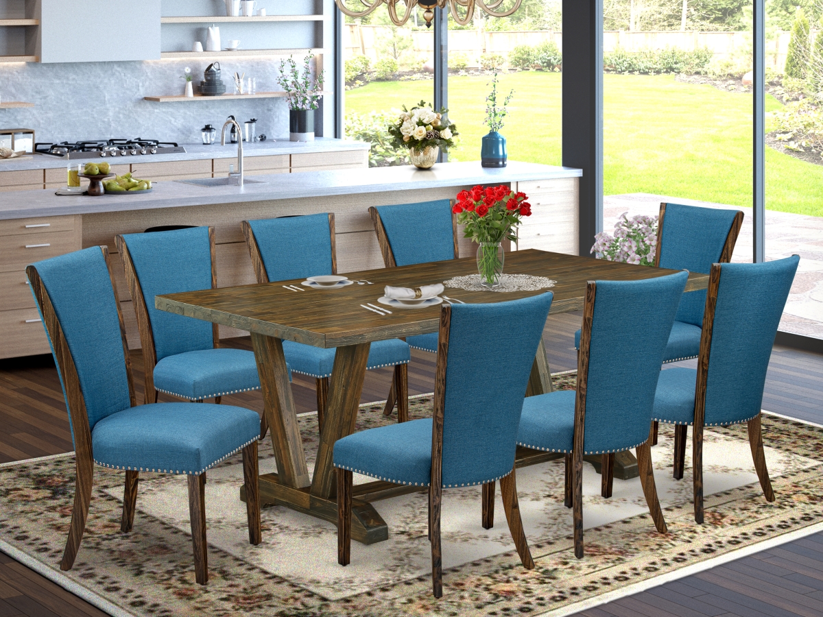 9 Piece V-Style Dining Room Table Set - Distressed Jacobean & Blue