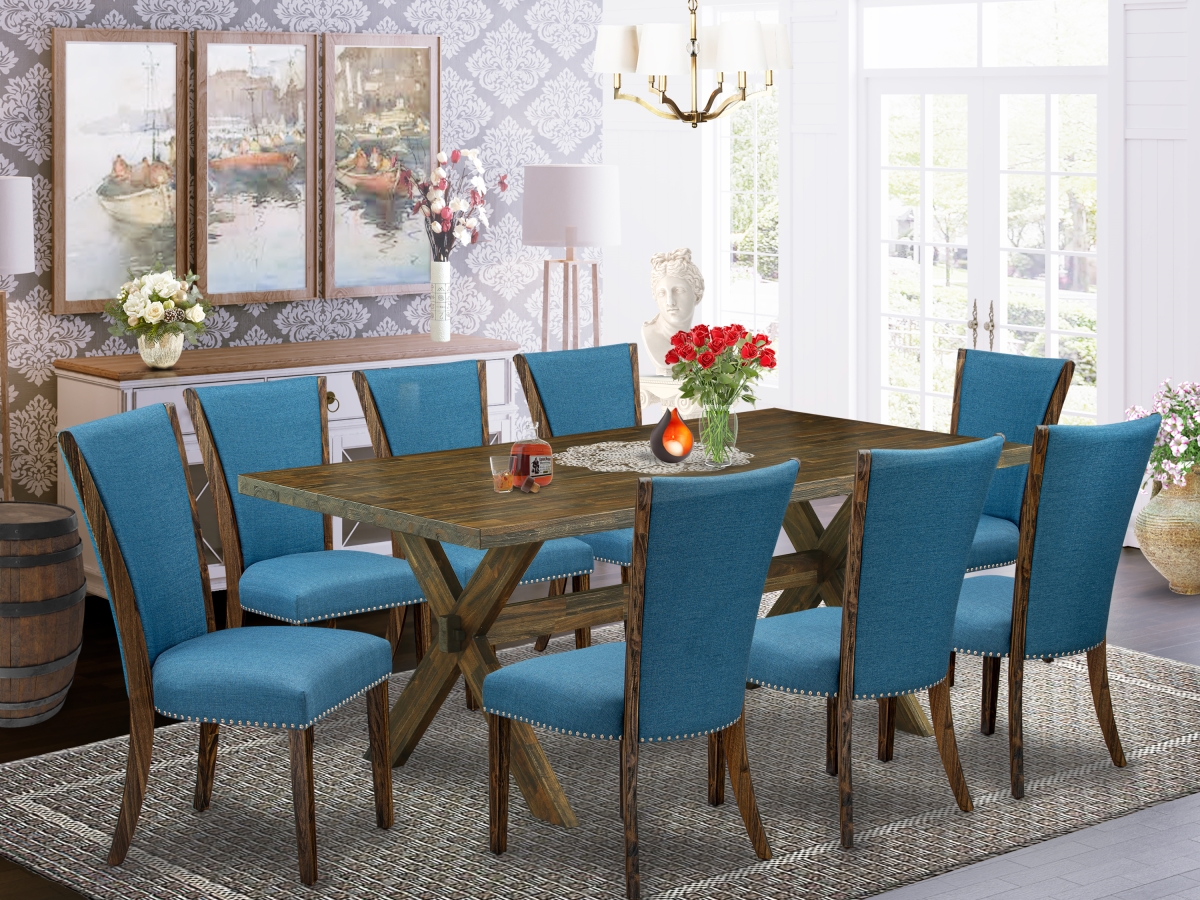 9 Piece X-Style Dinette Set - Distressed Jacobean & Blue