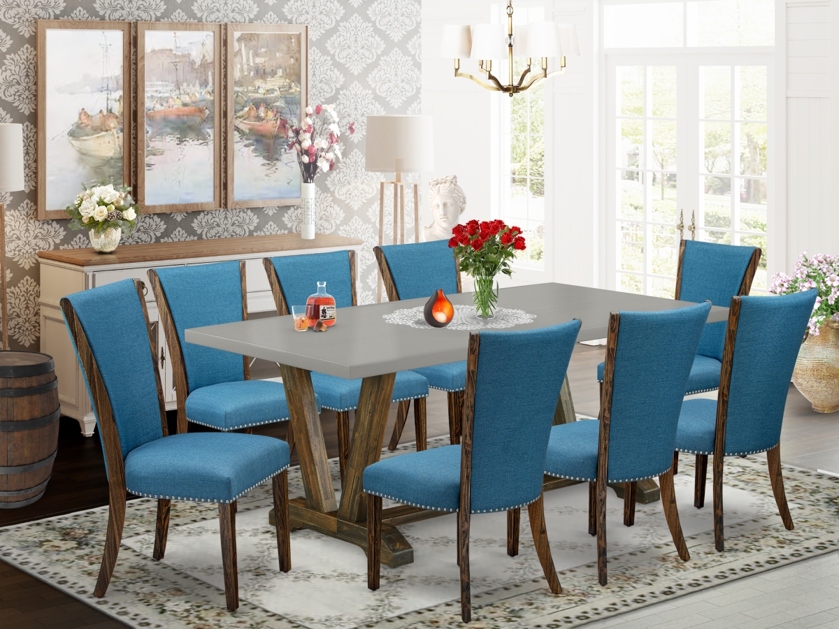 9 Piece V-Style Dining Room Table Set - Distressed Jacobean, Cement & Blue