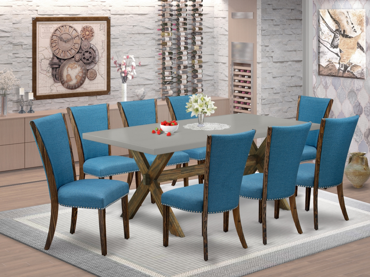 9 Piece X-Style Dining Set - Distressed Jacobean, Cement & Blue