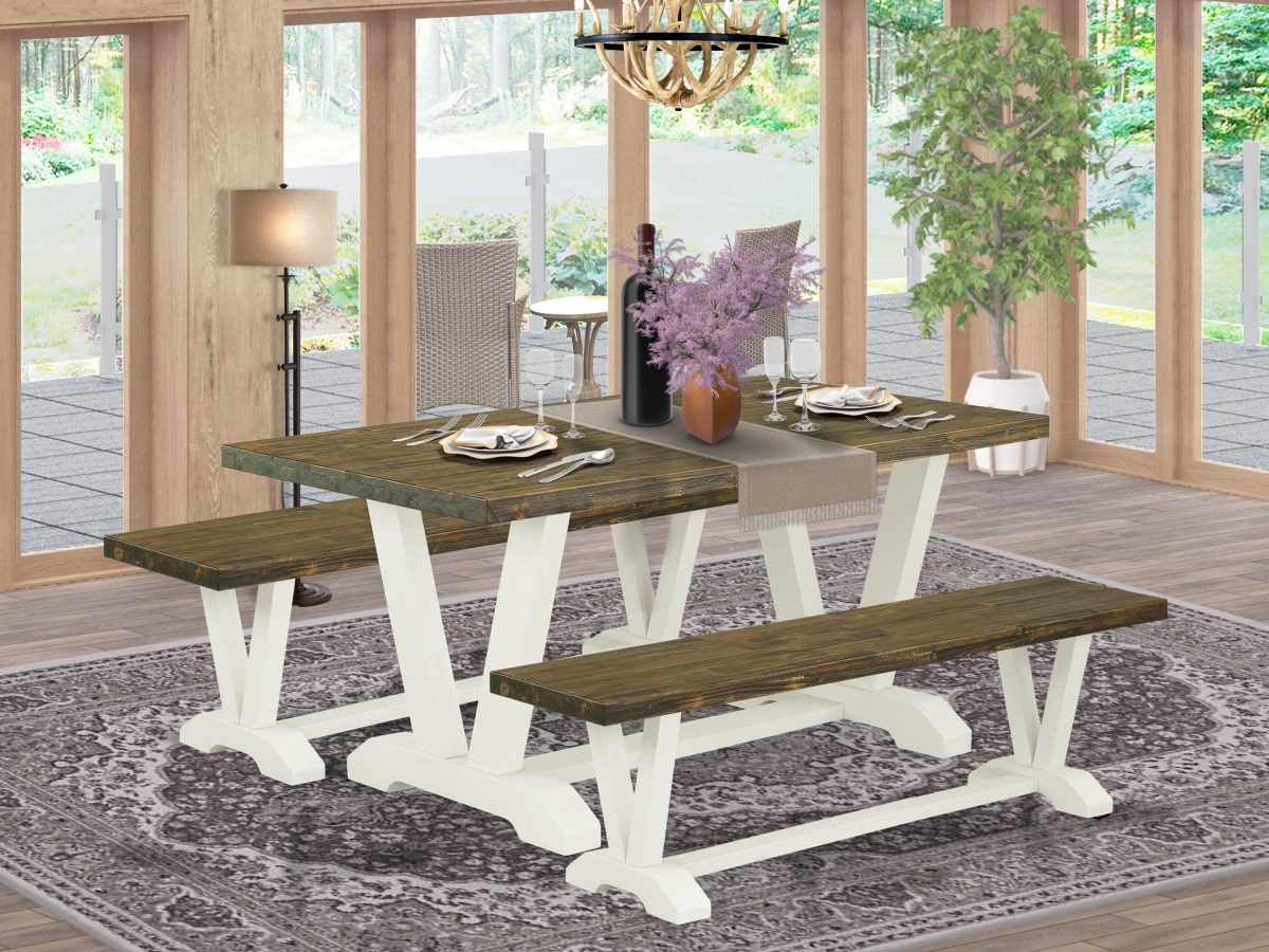 V2-076 3 Piece V-Style Dining Room Table Set - Distressed Jacobean & Linen White