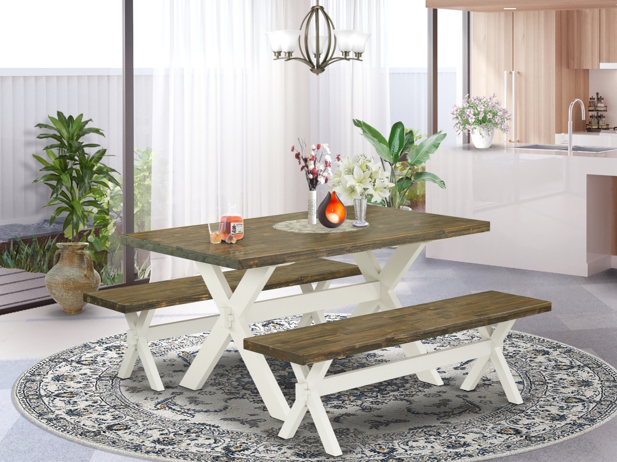 3 Piece X-Style Dining Table Set - Distressed Jacobean & Linen White