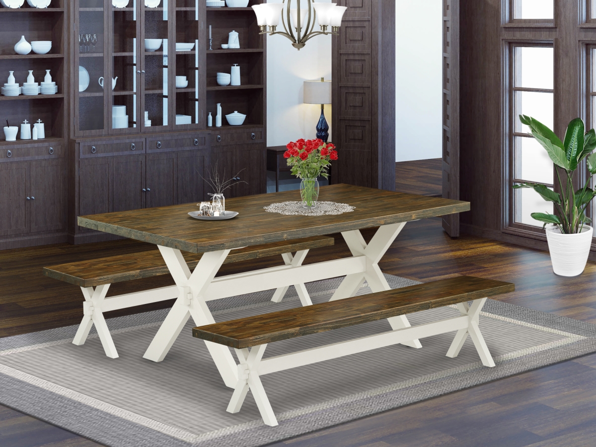 3 Piece X-Style Modern Dining Table Set - Distressed Jacobean & Linen White
