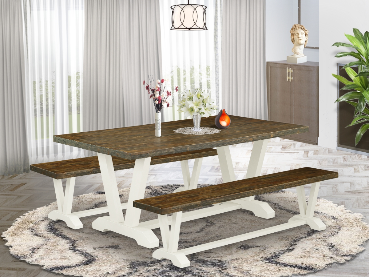 3 Piece V-Style Kitchen Dining Table Set - Distressed Jacobean & Linen White