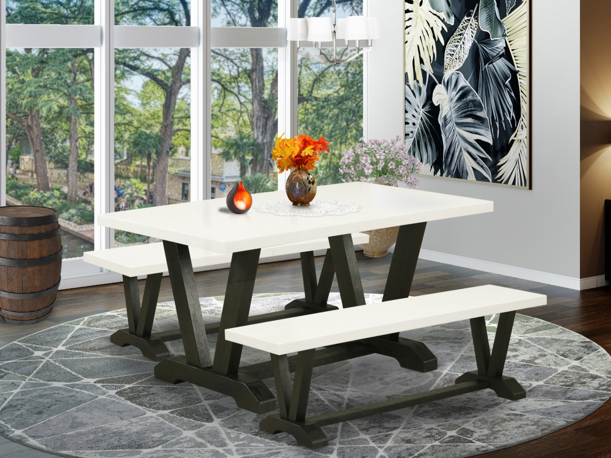 3 Piece V-Style Dining Room Set - Linen White & Wire Brushed Black