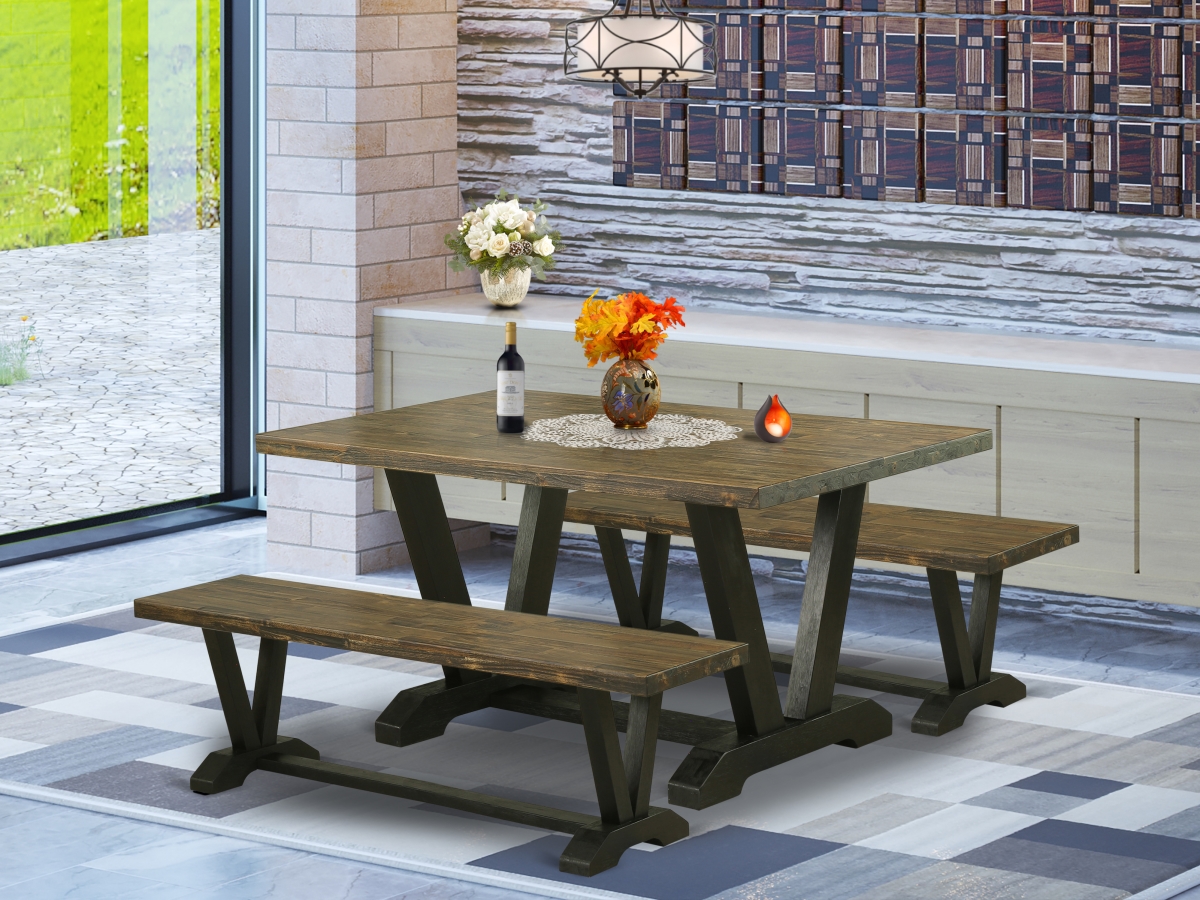 3 Piece V-Style Dining Room Set - Distressed Jacobean & Wire Brushed Black