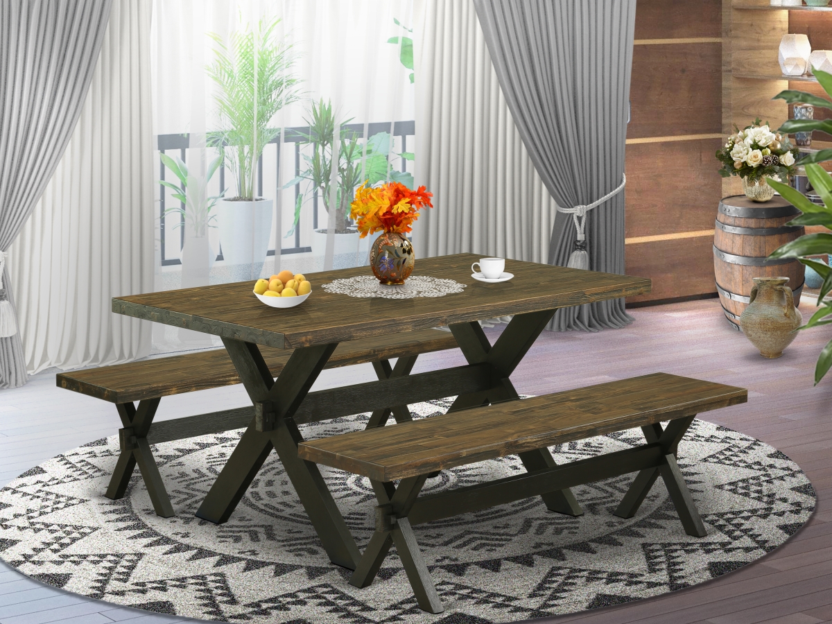 3 Piece X-Style Kitchen Dining Table Set - Distressed Jacobean & Wire Brushed Black