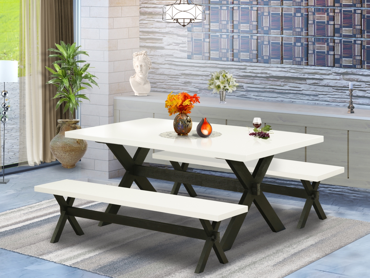 3 Piece X-Style Kitchen Dining Table Set - Linen White & Wire Brushed Black