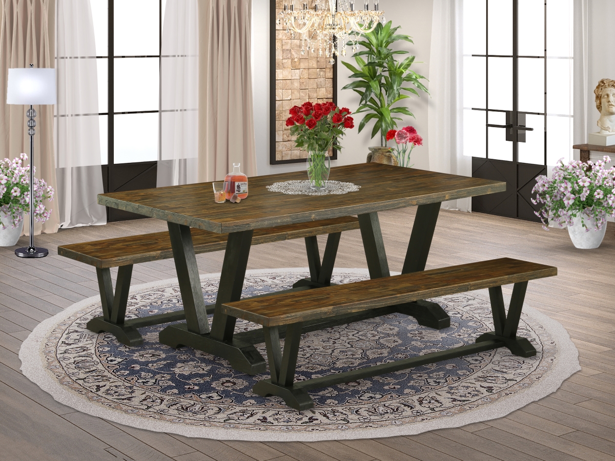 3 Piece V-Style Modern Dining Table Set - Distressed Jacobean & Wire Brushed Black