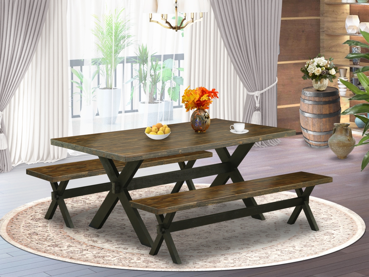 3 Piece X-Style Dining Room Set - Distressed Jacobean & Wire Brushed Black