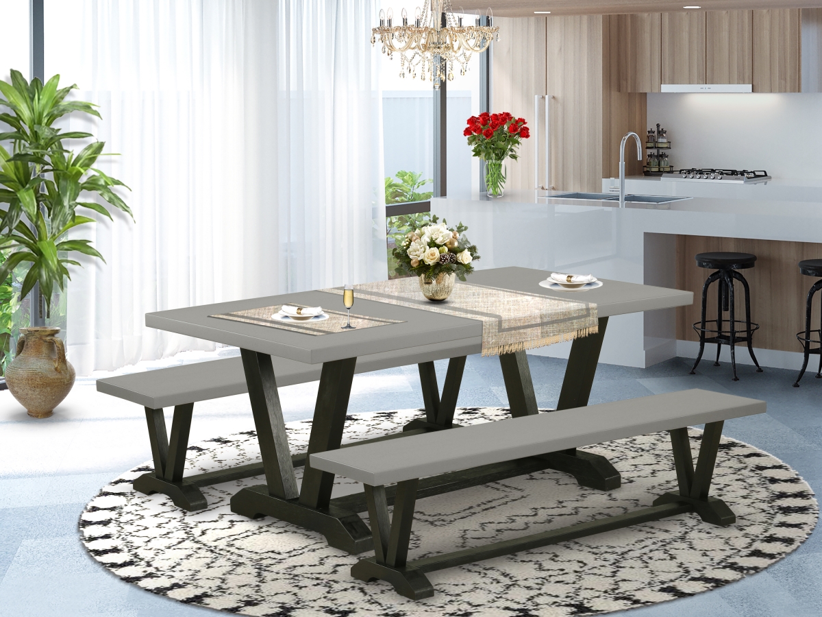 3 Piece V-Style Dining Table Set - Cement & Wire Brushed Black