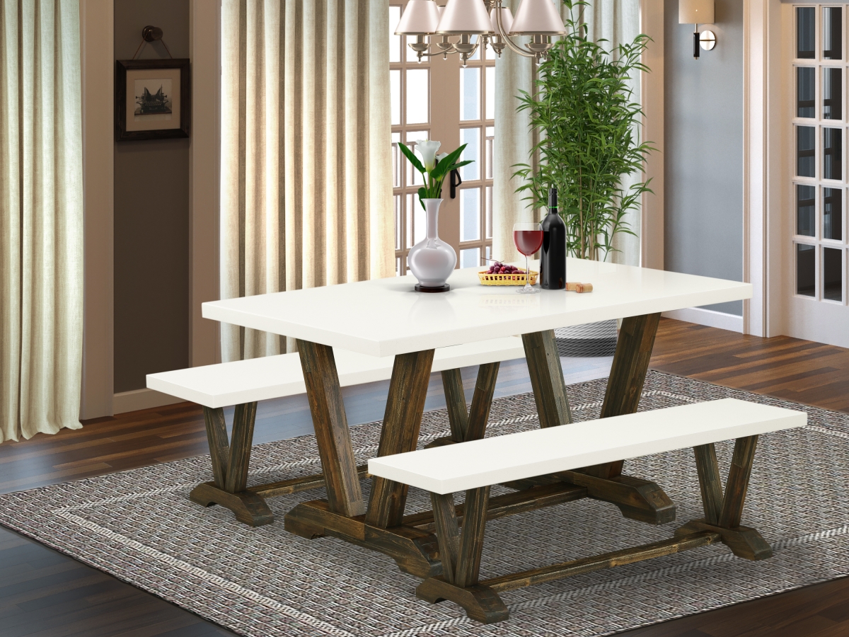 3 Piece V-Style Dining Room Table Set - Linen White & Distressed Jacobean