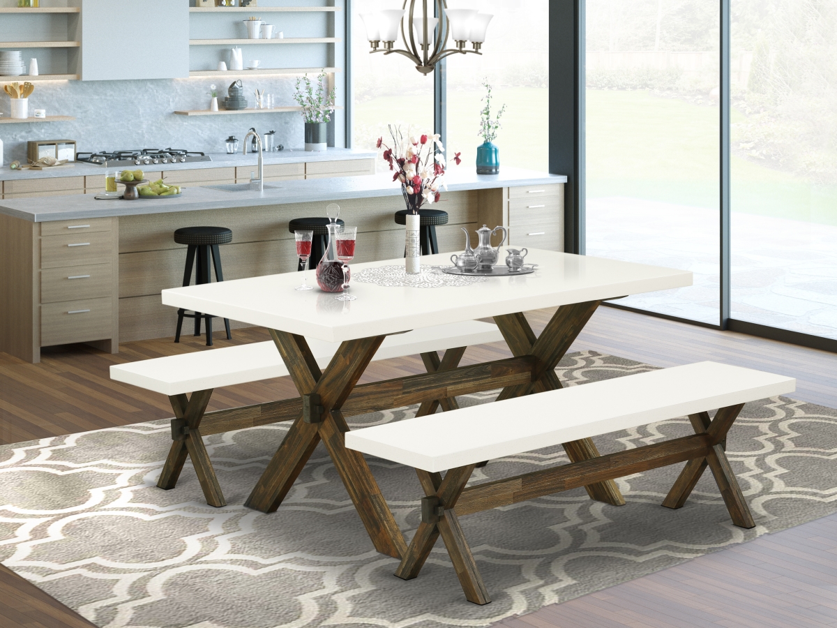 3 Piece X-Style Dining Room Table Set - Linen White & Distressed Jacobean