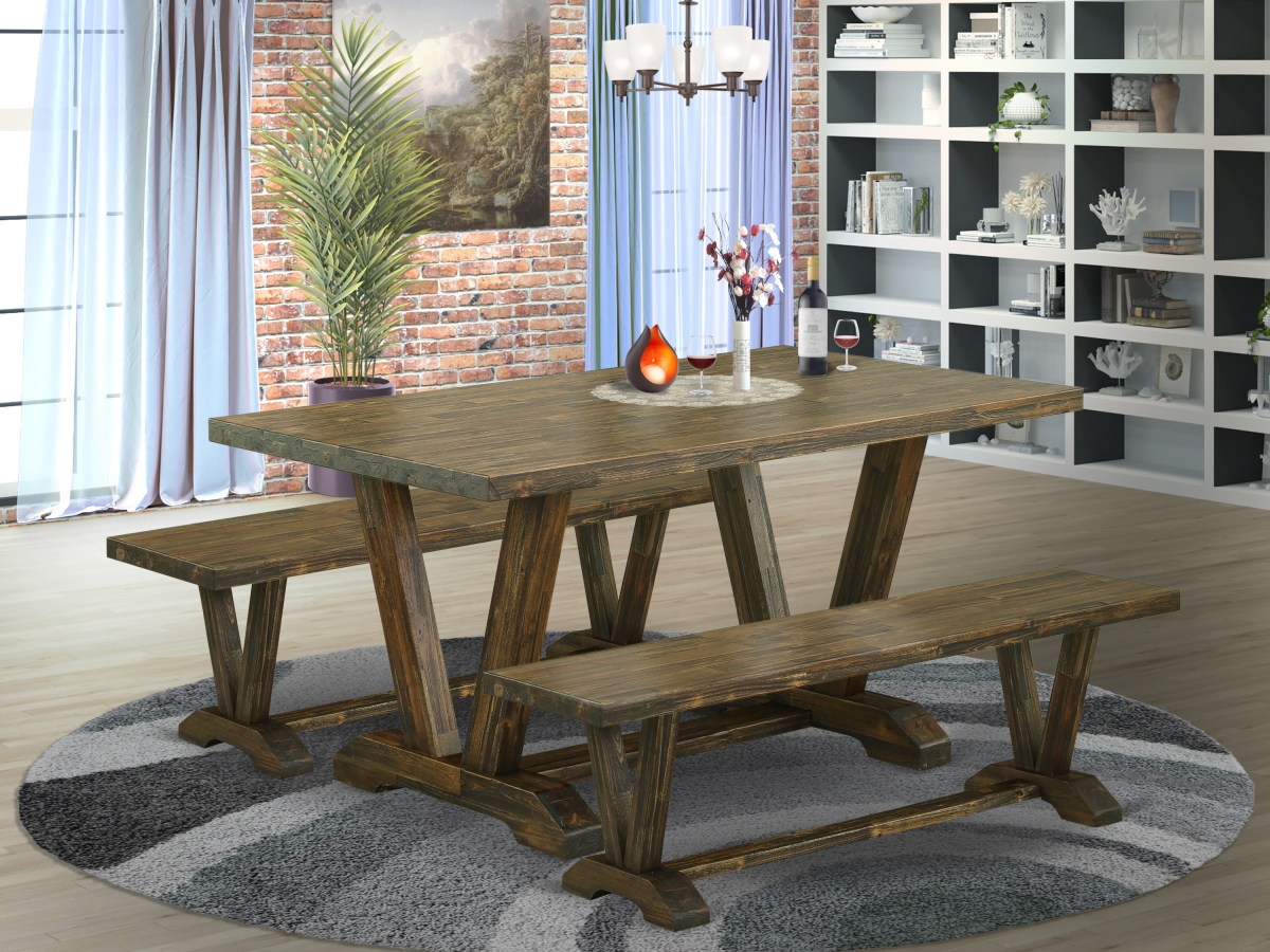3 Piece V-Style Dining Table Set - Distressed Jacobean