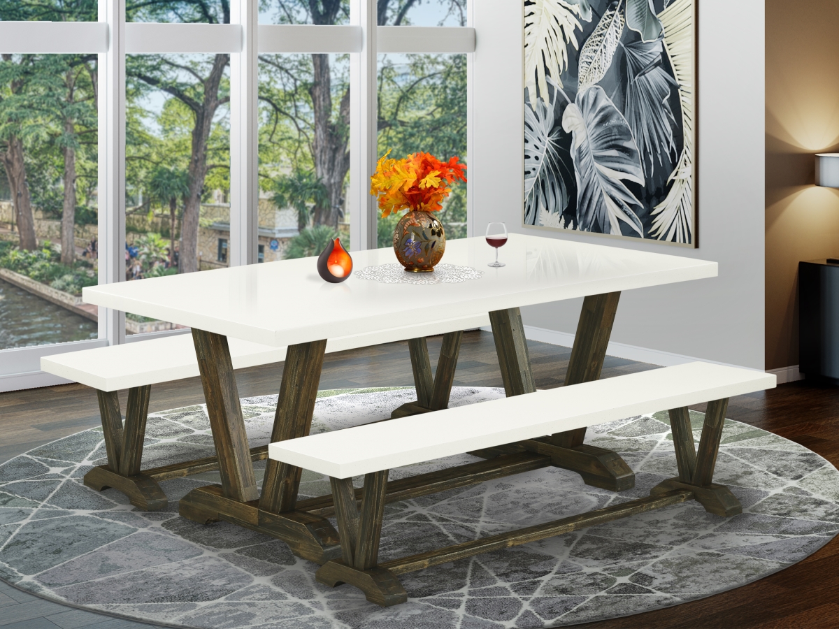 V2-727 3 Piece V-Style Dining Room Set - Linen White & Distressed Jacobean