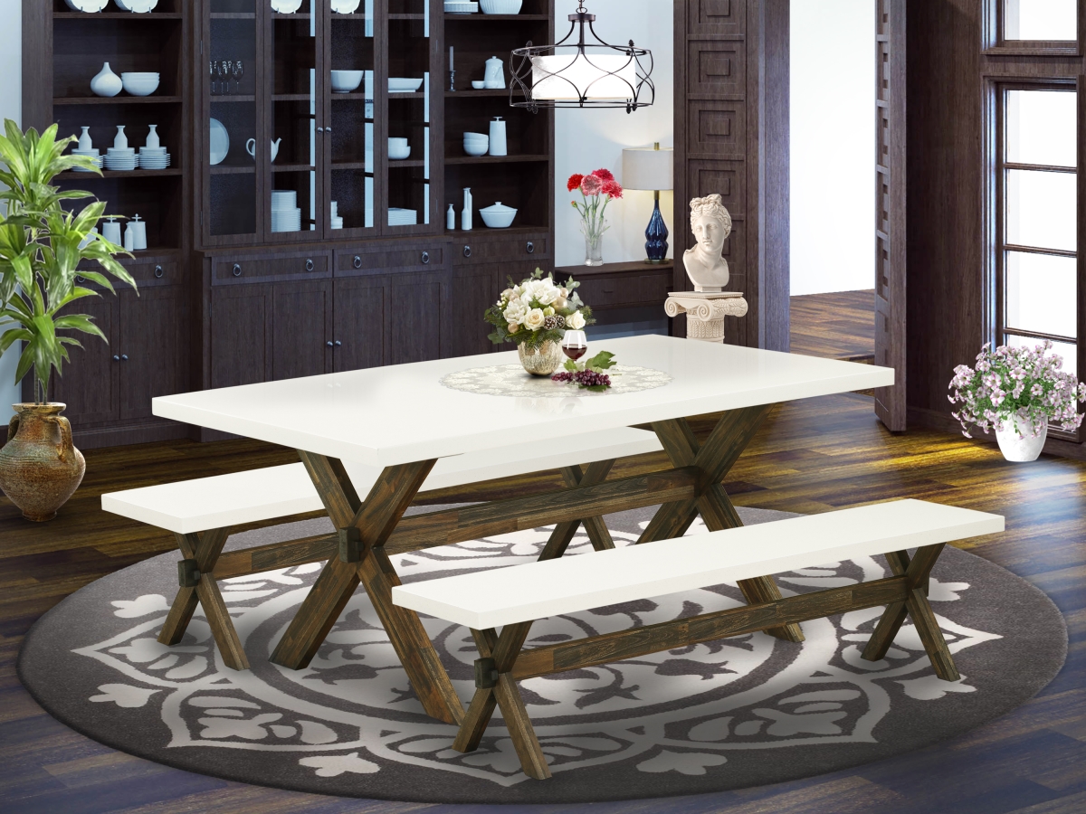 3 Piece X-Style Modern Dining Table Set - Linen White & Distressed Jacobean