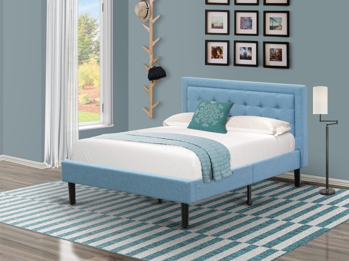 FNF-11-F Fannin Platform Full Size Bed Frame - Denim Blue Linen Fabric Upholestered Bed Headboard with Button Tufted Trim Design - Black Legs -  East West Furniture