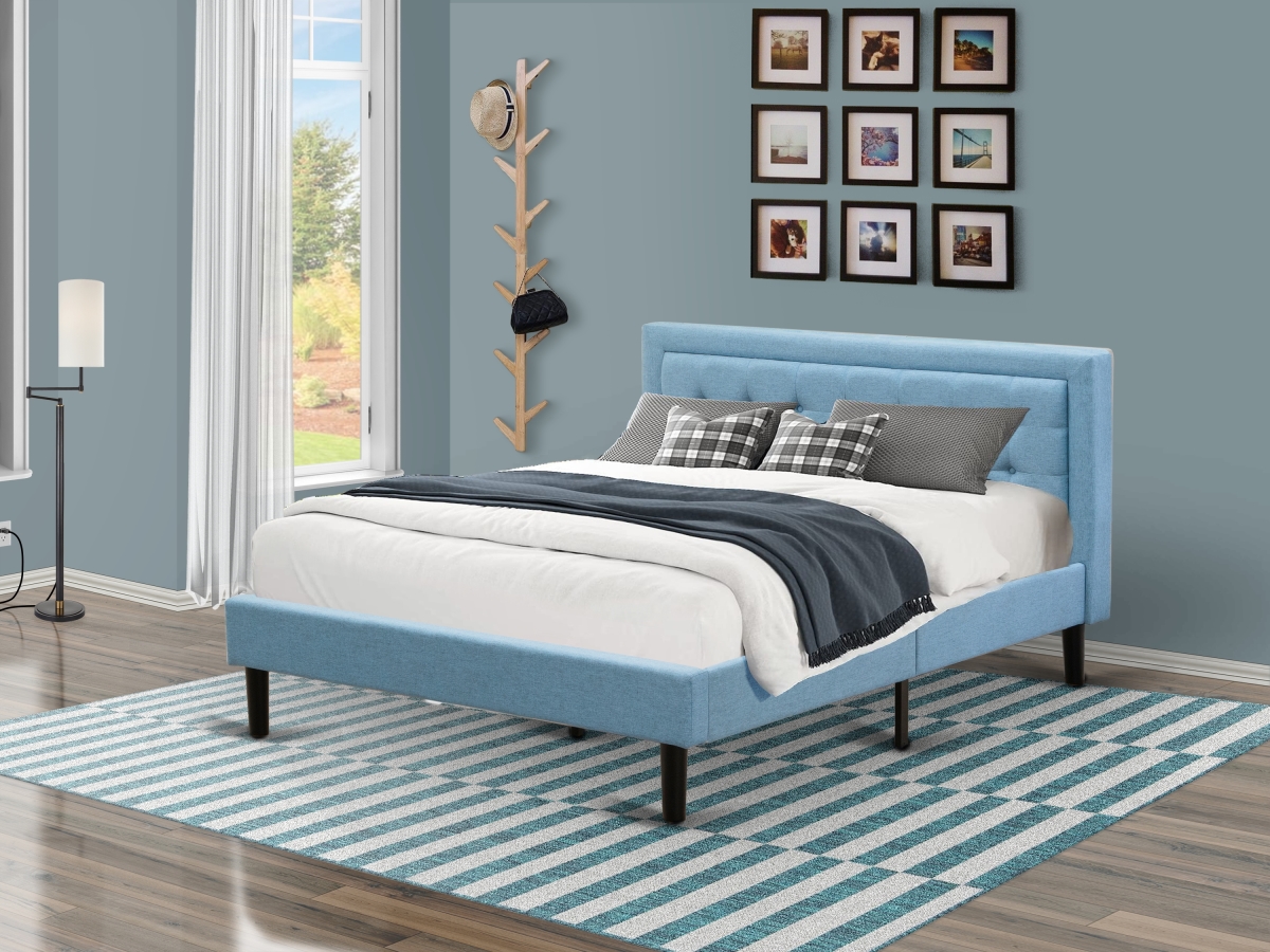 Fannin Platform Queen Size Bed - Denim Blue Linen Fabric Upholestered Bed Headboard with Button Tufted Trim Design - Black Legs