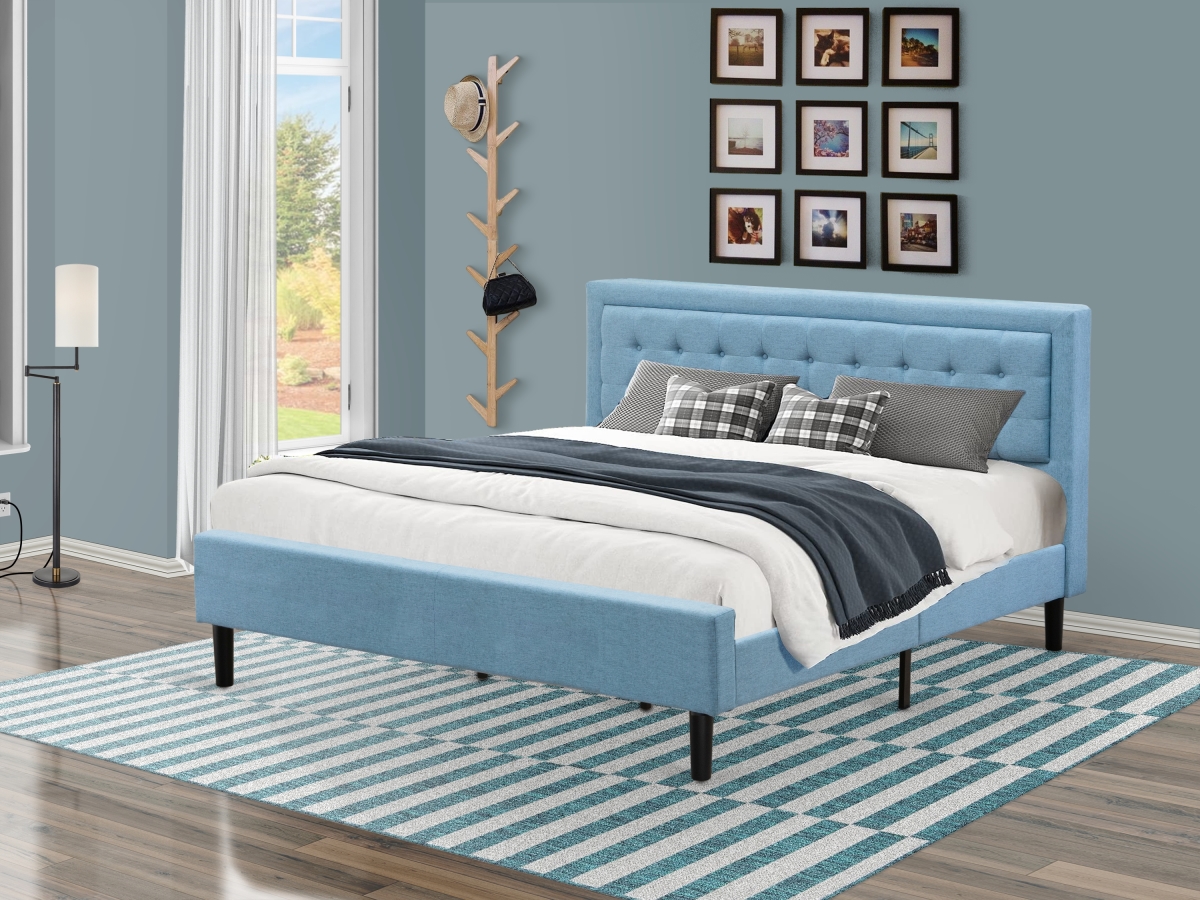 FNF-11-K Fannin Platform King Size Bed Frame - Denim Blue Linen Fabric Upholestered Bed Headboard with Button Tufted Trim Design - Black Legs -  East West Furniture