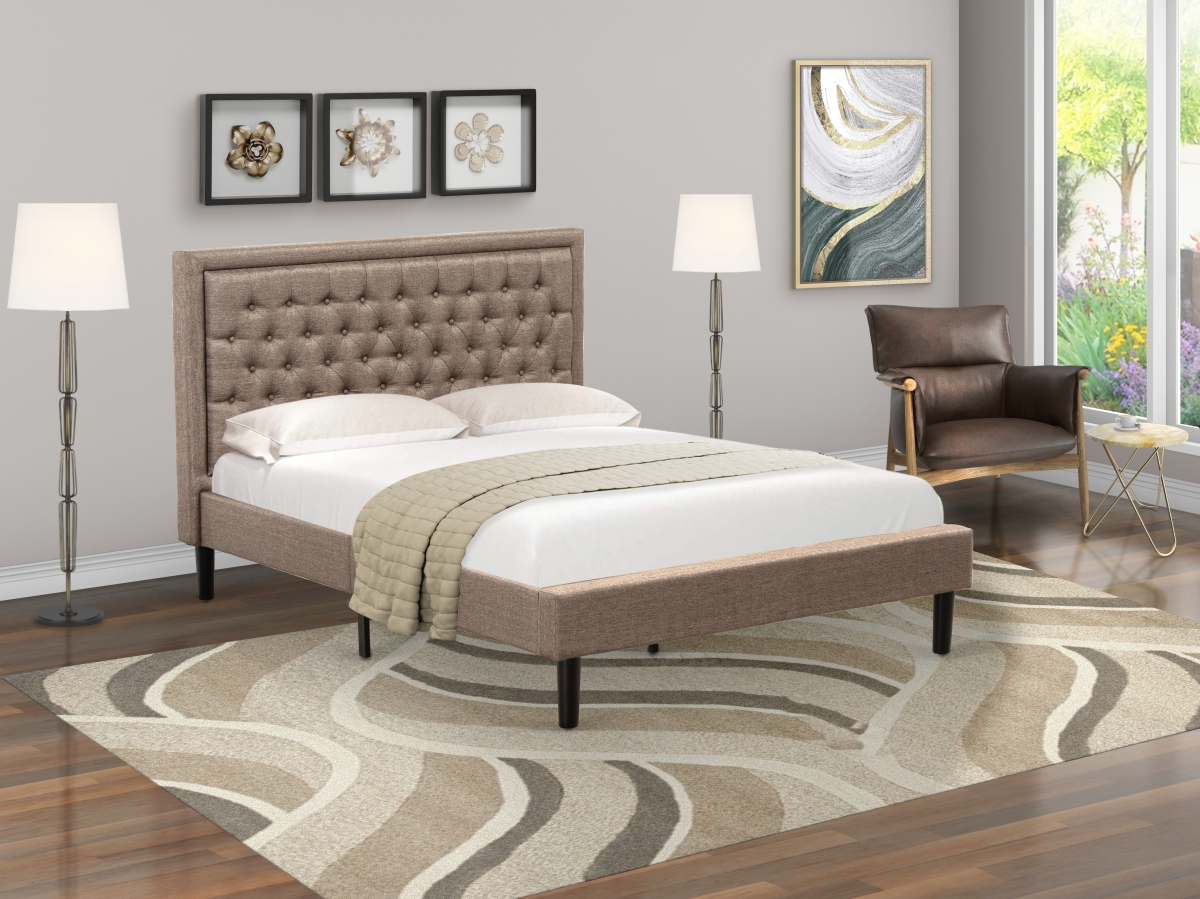 Kendall Platform Queen Size Bed - Dark Khaki Linen Fabric Upholestered Bed Headboard with Button Tufted Trim Design - Black Legs