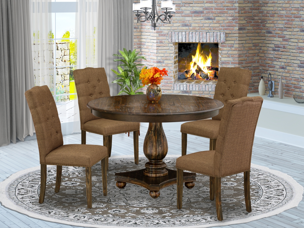 5 Piece Dining Table Set - Distressed Jacobean & Brown