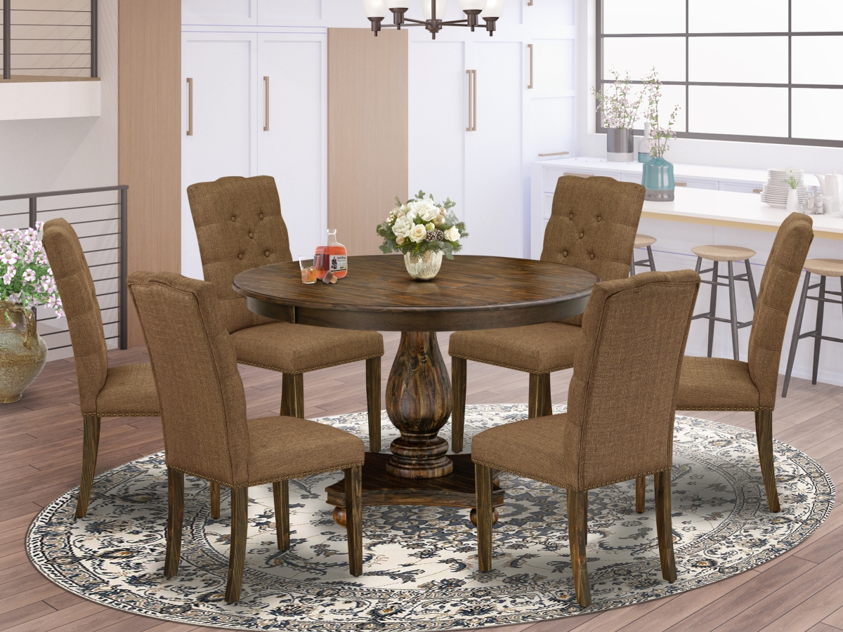 F2EL7-718 7 Piece Modern Dining Table Set - Distressed Jacobean & Brown -  East West Furniture