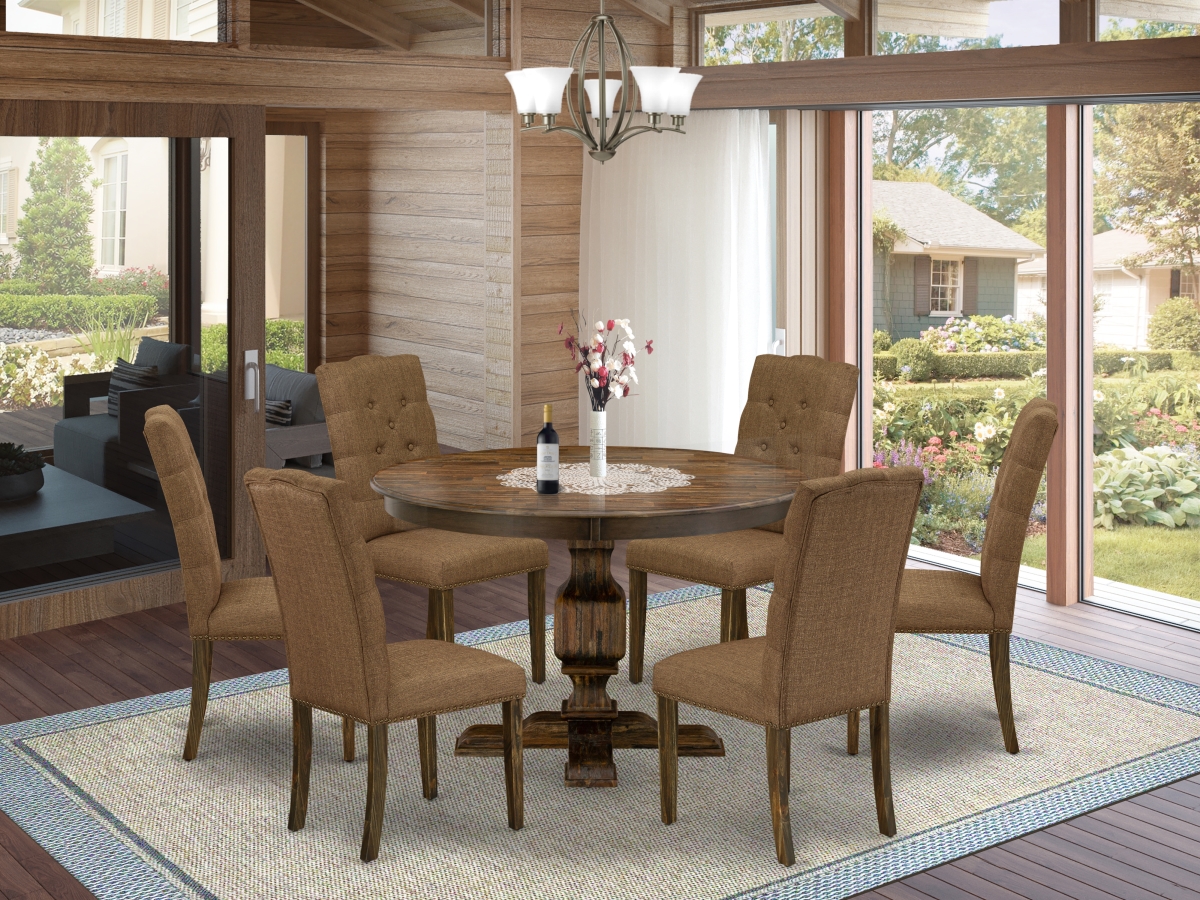 F3EL7-718 7 Piece Mid Century Modern Dining Set - Distressed Jacobean & Brown -  East West Furniture