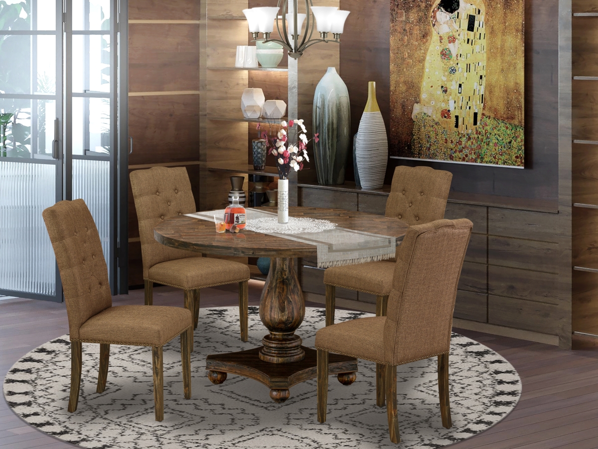5 Piece Modern Dining Table Set - Distressed Jacobean & Brown