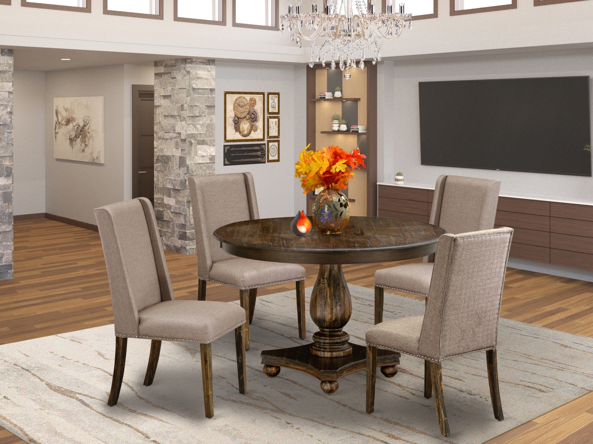 F2FL5-716 5 Piece Dining Room Table Set - Distressed Jacobean & Dark Khaki -  East West Furniture