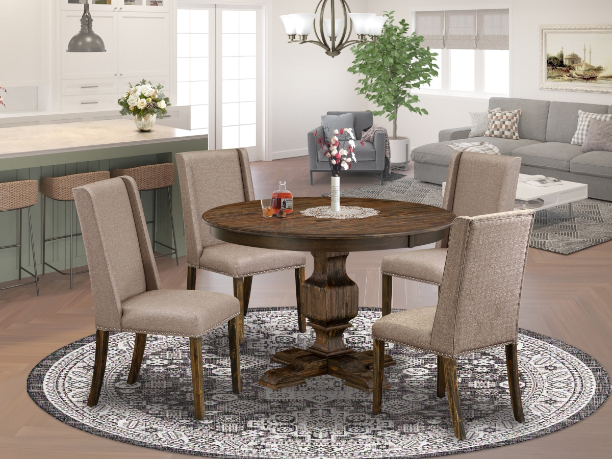 F3FL5-716 5 Piece Dining Set - Distressed Jacobean & Dark Khaki -  East West Furniture