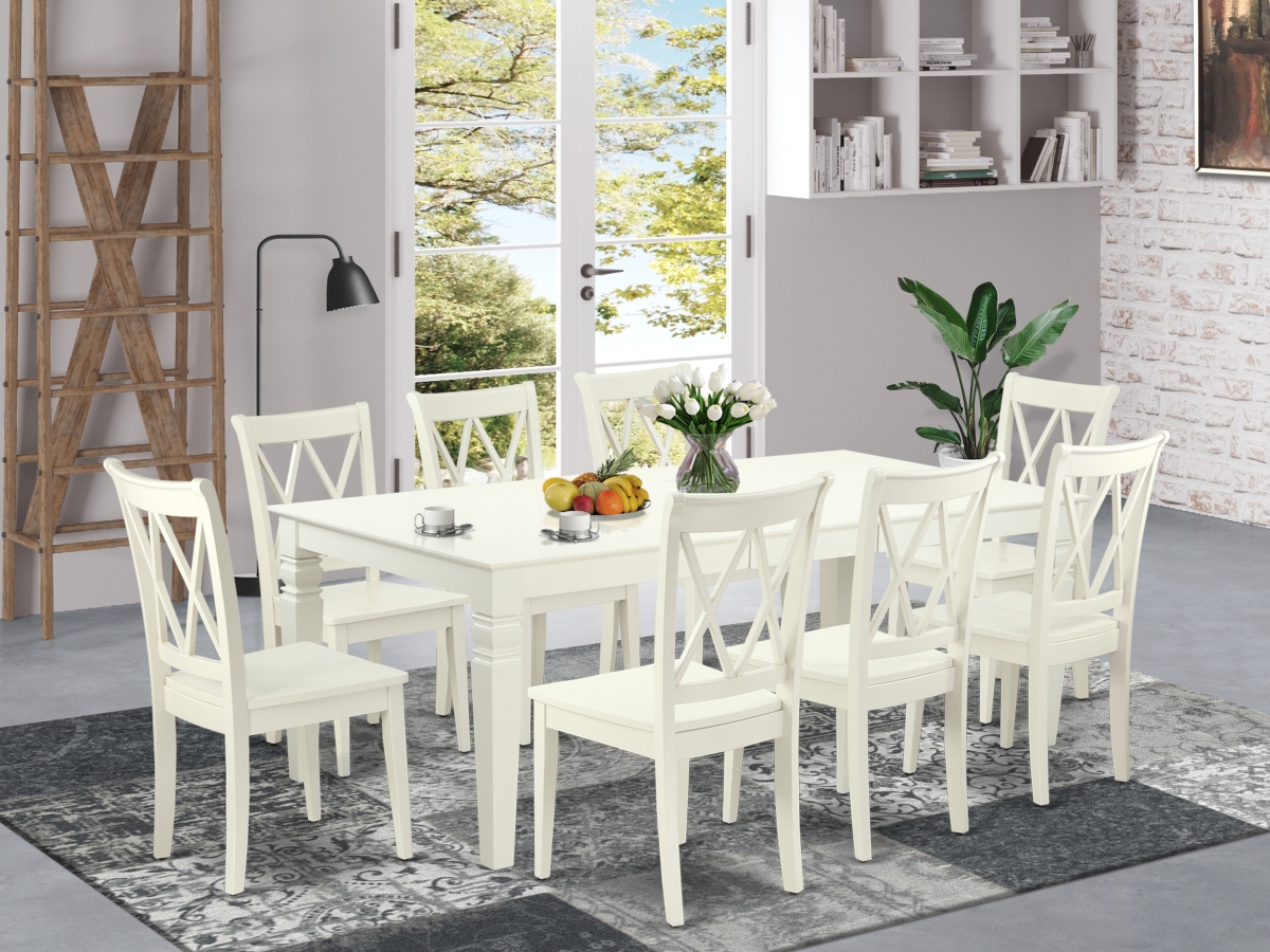66-84 in. Logan Rectangular Table with 18 in. Leaf & 8 Double X Back Chairs - Linen White, 9 Piece