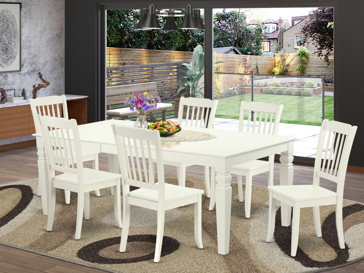 LGDA7-LWH-W 66-84 in. Logan Rectangular Table with 18 in. Leaf & 6 Vertical Slatted Chairs - Linen White, 7 Piece