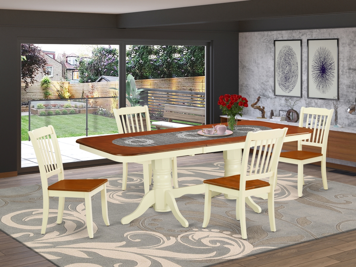 60-78 in. Napoleon Rectangular Table with 18 in. Leaf & 4 Vertical Slatted Chairs - Buttermilk & Cherry, 5 Piece