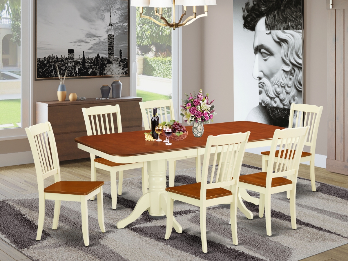 60-78 in. Napoleon Rectangular Table with 18 in. Leaf & 6 Vertical Slatted Chairs - Buttermilk & Cherry, 7 Piece