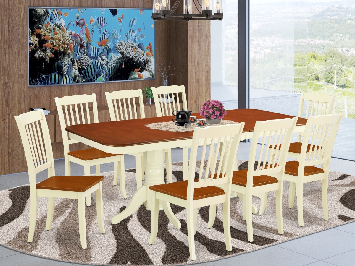 60-78 in. Napoleon Rectangular Table with 18 in. Leaf & 8 Vertical Slatted Chairs - Buttermilk & Cherry, 9 Piece