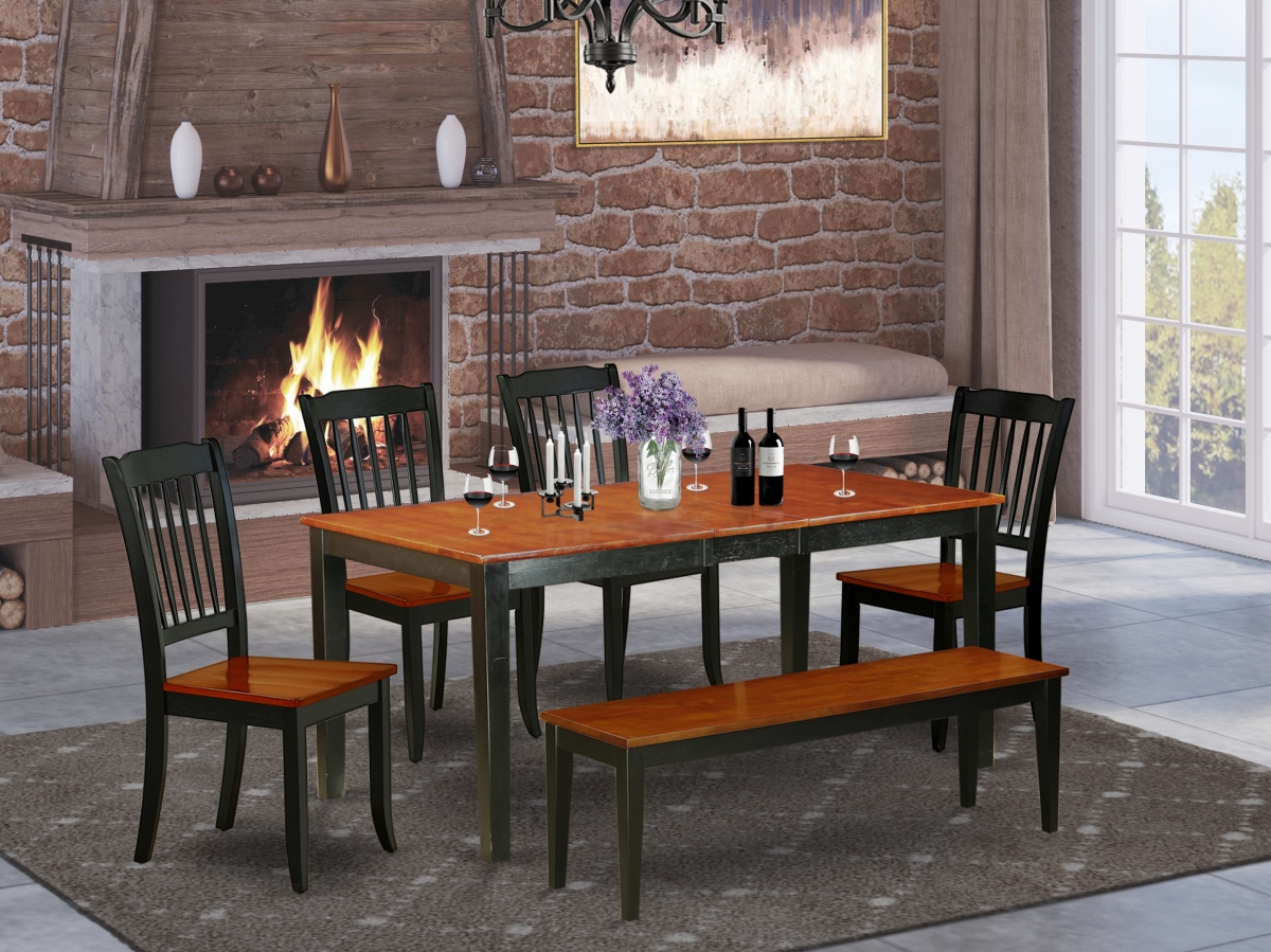 NIDA6-BCH-W 54-66 in. Nicoli Rectangular Table with 12 in. Leaf & 4 Vertical Slatted Chairs Plus One Bench - Black & Cherry, 6 Piece