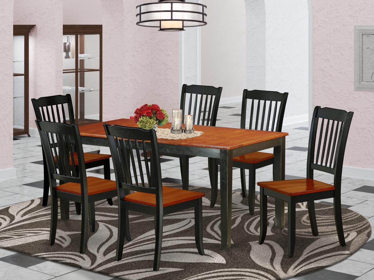54-66 in. Nicoli Rectangular Table with 12 in. Leaf & 6 Vertical Slatted Chairs - Black & Cherry, 7 Piece