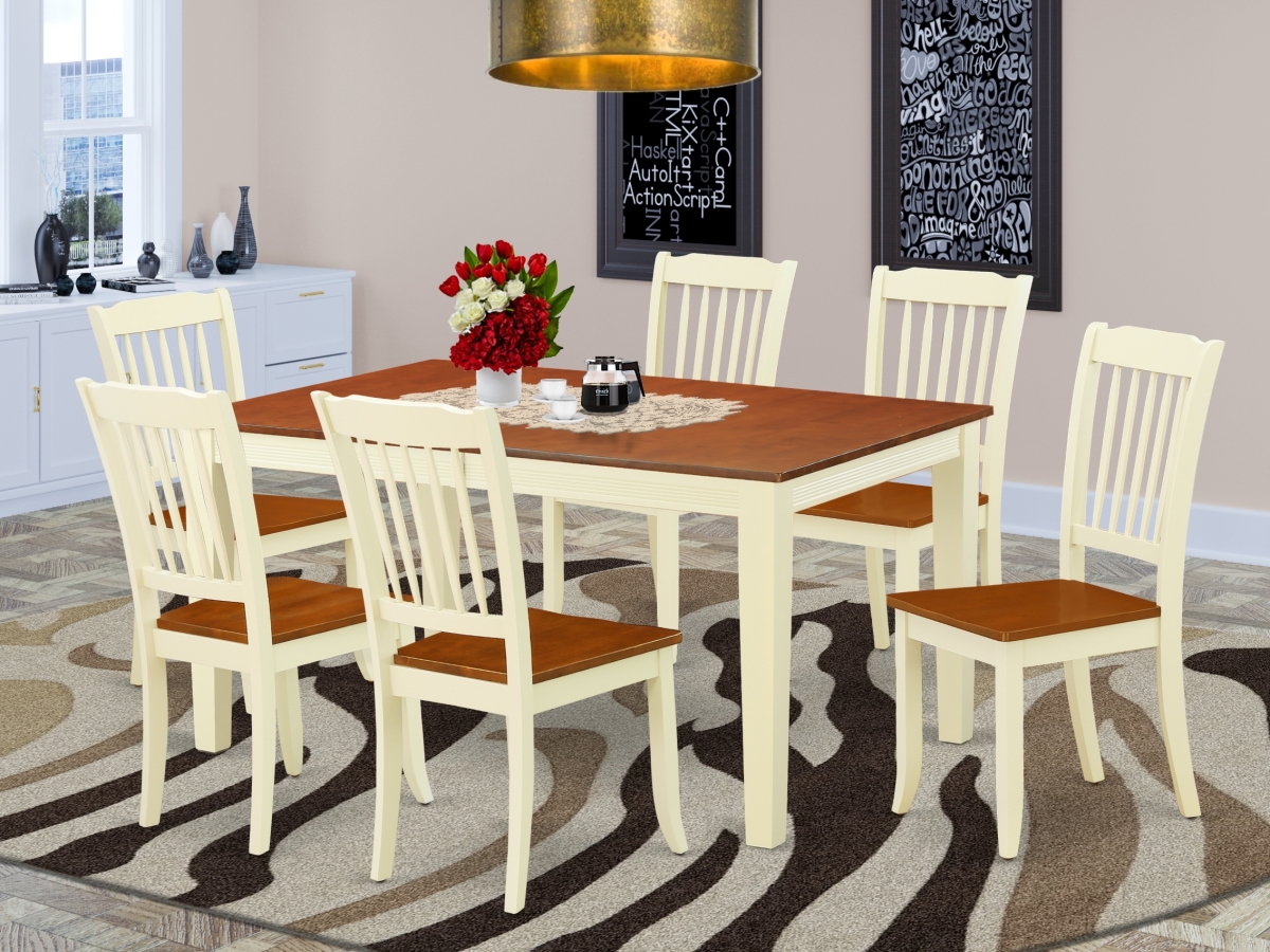 54-66 in. Nicoli Rectangular Table with 12 in. Leaf & 6 Vertical Slatted Chairs - Buttermilk & Cherry, 7 Piece