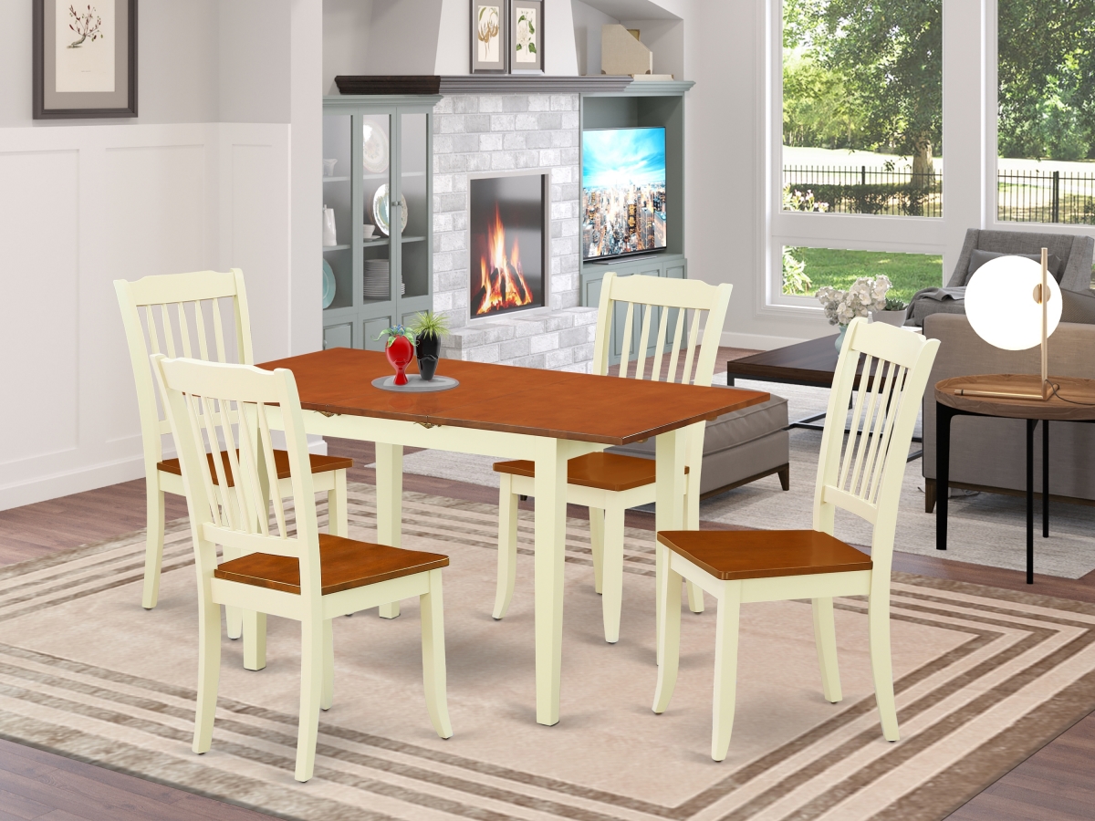 42-53.5 in. Norfolk Rectangular Table with 12 in. Leaf & 4 Vertical Slatted Chairs - Buttermilk & Cherry, 5 Piece